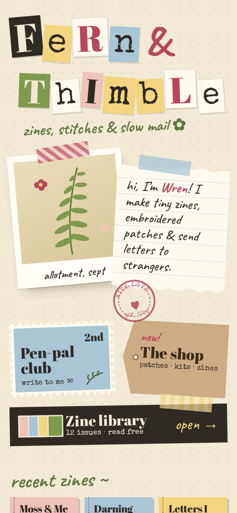 Example page for a zine maker: a scrapbook with cut-out letters, a pressed fern polaroid, a handwritten note and links shaped like a stamp and a gift tag.