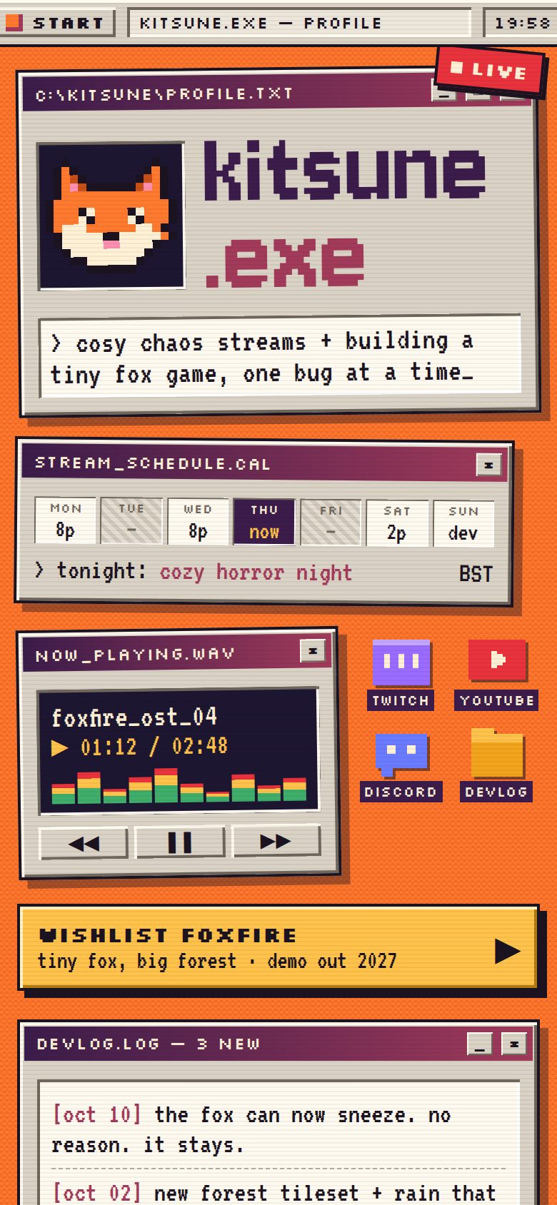 Example page for a streamer and game dev: an old-computer desktop with a pixel fox, a stream schedule, a music player and a devlog.