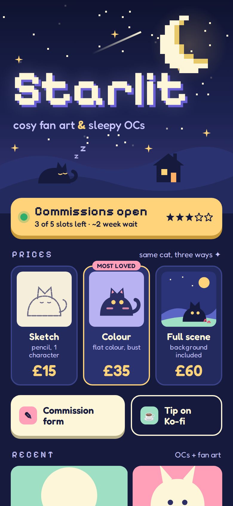 Example page for a fan-art illustrator: a starry night with a pixel moon, commissions open, and three price tiers shown as a sketch, a coloured piece and a full scene.