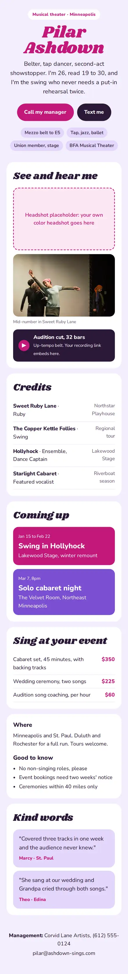 Pilar Ashdown's site on a phone: a centered magenta script name, round magenta and plum buttons and lilac skill chips