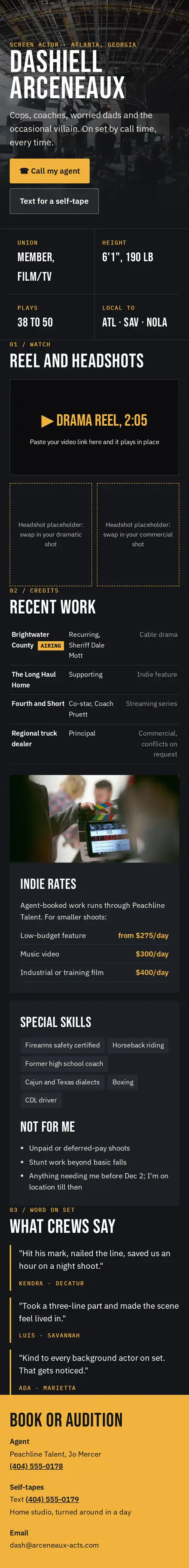 Dashiell Arceneaux's site on a phone: a film-set photo fading to black behind huge white capitals, an amber call button and a four-box stats grid