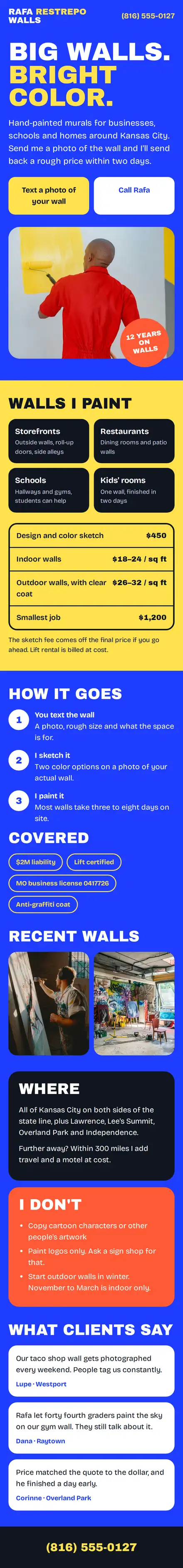 Rafa Restrepo Walls on a phone: cobalt blue with huge yellow block letters, a yellow text-your-wall button and a photo of a wall being rolled yellow