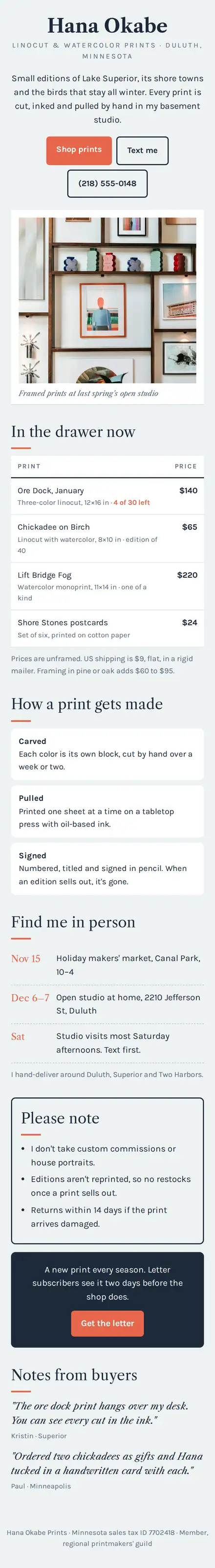 Hana Okabe Prints on a phone: a centered serif name, a coral shop button, then a white-framed photo of a wall of prints