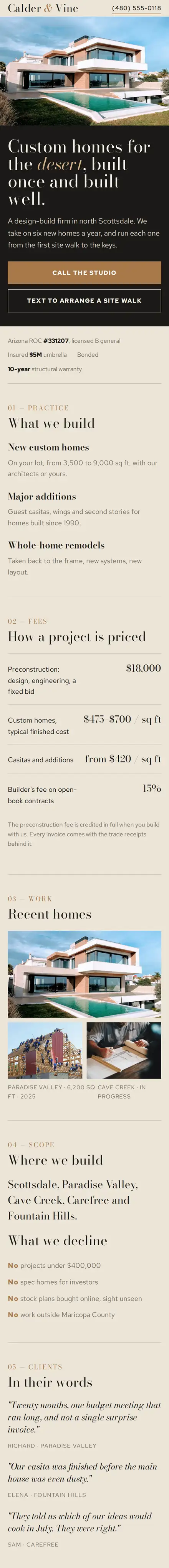 Calder & Vine on a phone: a modern house with a pool above a dark panel with a thin serif headline