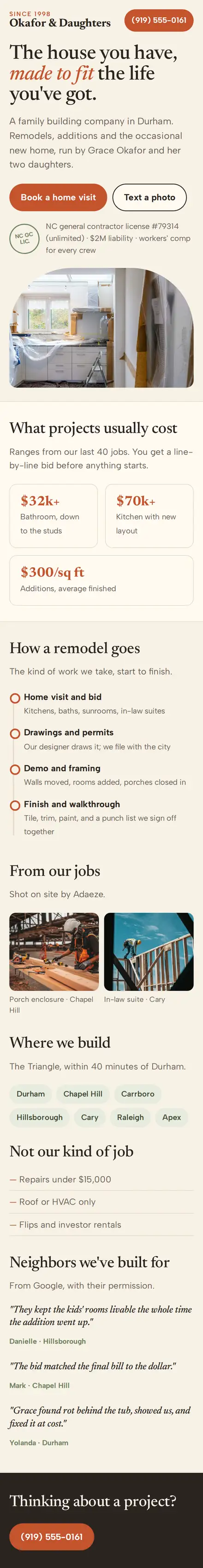 Okafor & Daughters on a phone: cream page, a serif headline, terracotta buttons and a kitchen under remodel