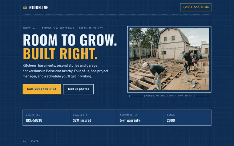 Ridgeline Remodel & Additions as first written: blueprint blue and yellow