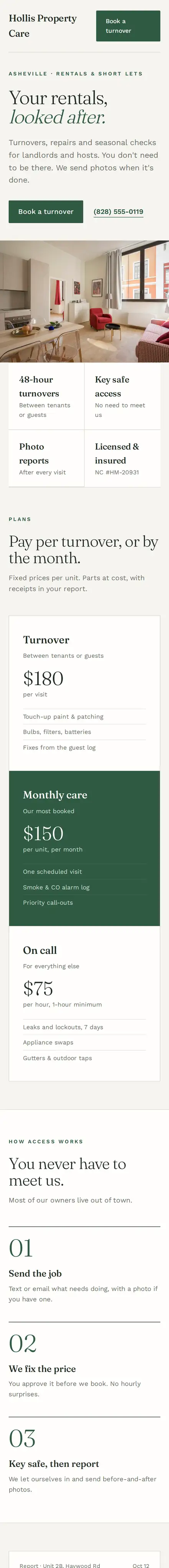 Hollis Property Care on a phone: serif headings, deep green and a monthly plan table
