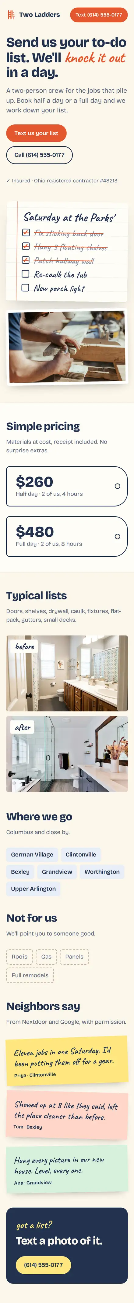 Two Ladders Home Repair website on a phone, with the chosen checklist item ringed