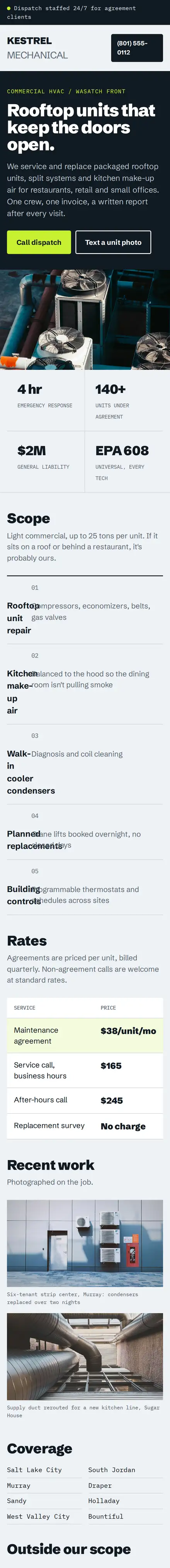 Kestrel Mechanical on a phone: near-black and lime, a rooftop fan photo and a numbered scope list