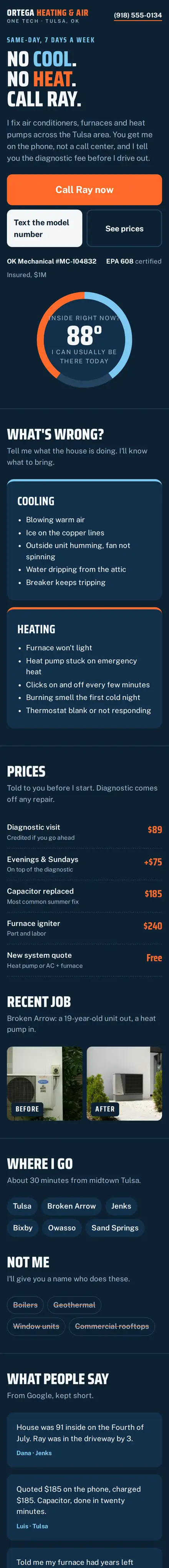 Ortega Heating & Air on a phone: deep blue, an orange call button and a thermostat dial reading 88 degrees