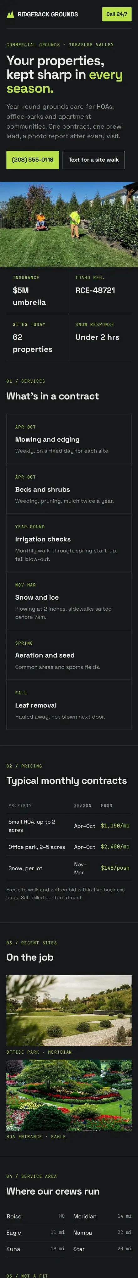 Ridgeback Grounds on a phone: charcoal background, lime accents, monospace labels and a contract price table
