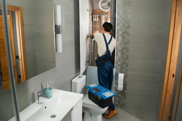 A plumber with a toolbox at work in a bathroom