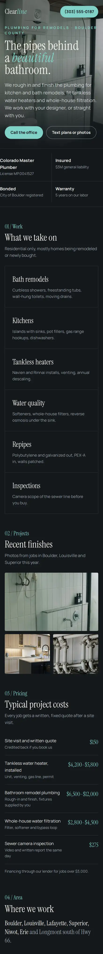 Clearline Plumbing on a phone: a tiled shower photo under an italic serif headline in aqua