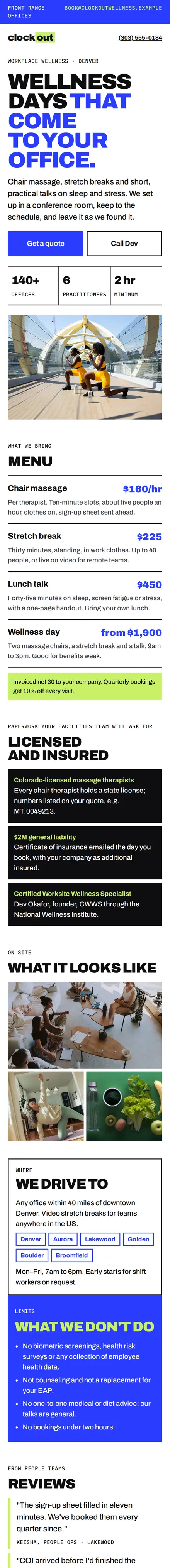 Clockout Wellness on a phone: a blue top bar, giant black capital headline, side-by-side quote and call buttons and a three-column stats strip