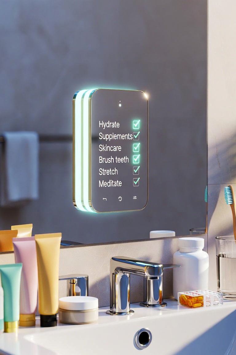 Glance mounted on a bathroom mirror above a sink, showing the glowing routine screen